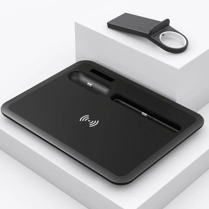HQ-UD17 4 In 1 Wireless Charger Phone Holder For iPhone iWatch AirPods Android black charging base with slots for phone watch and earbuds, Type-C/8Pin