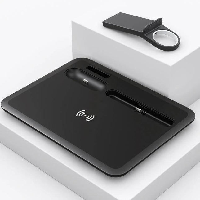 HQ-UD17 4 In 1 Wireless Charger Phone Holder For iPhone iWatch AirPods Android black charging base with slots for phone watch and earbuds, Type-C/8Pin