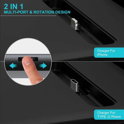 HQ-UD17 4 In 1 Wireless Charger Phone Holder For iPhone iWatch AirPods Android showing adjustable multi-port Type-C and 8Pin phone dock