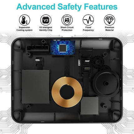 HQ-UD17 4 In 1 Wireless Charger Phone Holder For iPhone iWatch AirPods Android showing internal coil, circuit board and safety feature icons