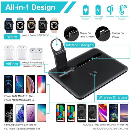 HQ-UD17 4 In 1 Wireless Charger Phone Holder For iPhone iWatch AirPods Android - black all-in-one wireless charging stand with Type-C and 8Pin