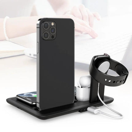 HQ-UD17 4 In 1 Wireless Charger Phone Holder For iPhone iWatch AirPods Android - black charging stand with iPhone, Apple Watch and AirPods, Type-C port