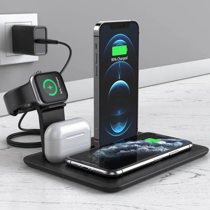 HQ-UD17 4 In 1 Wireless Charger Phone Holder For iPhone iWatch AirPods Android charging base with phone, watch, AirPods on desk, Type-C 8Pin, durable compact design