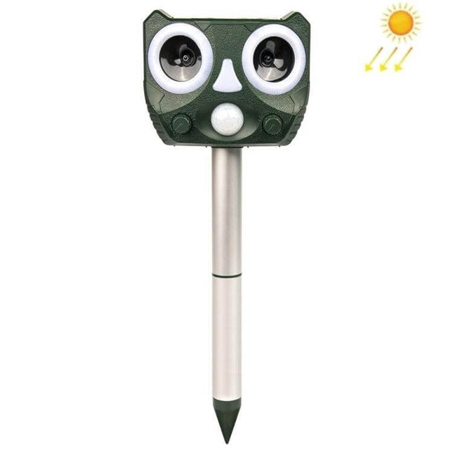 Outdoor Solar Ultrasonic Insect Repellent For Gardens front view garden stake with solar panel and ultrasonic speakers