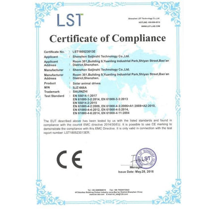 Outdoor Solar Ultrasonic Insect Repellent For Gardens certification document showing CE compliance and company details