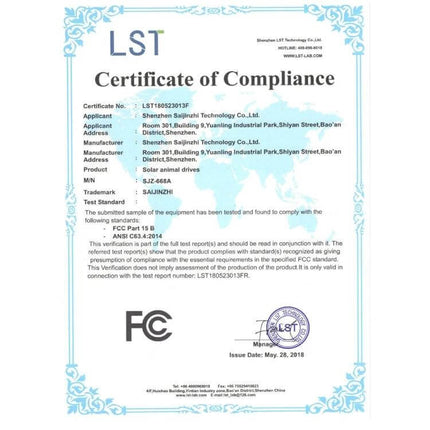 Outdoor Solar Ultrasonic Insect Repellent For Gardens certificate showing FCC compliance and manufacturer details