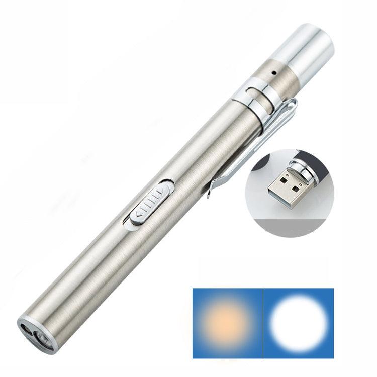 Dual Light Source LED Dental Inspection Flashlight - Yellow & White Stainless Steel Pen Light with Rechargeable Battery