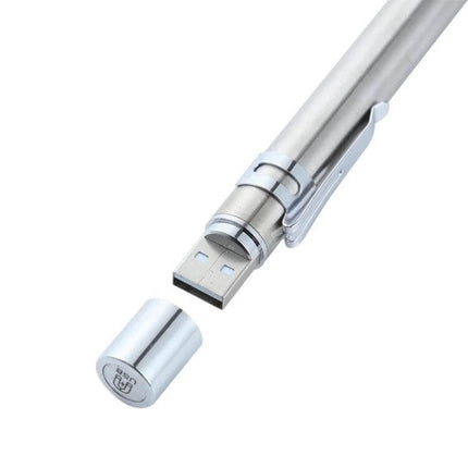 Pupil Pen Light Dental Flashlight For Exams Rechargeable stainless steel pen with USB cap showing dual LED tip and pocket clip