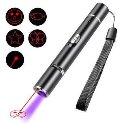 Compact Laser Tool for Cat Play and Home Detection Tasks handheld grey laser pointer with wrist strap projecting red smiley pattern