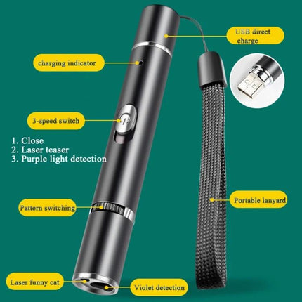 Compact Laser Tool for Cat Play and Home Detection Tasks - handheld USB rechargeable laser pointer with 3-speed switch and violet detection strap