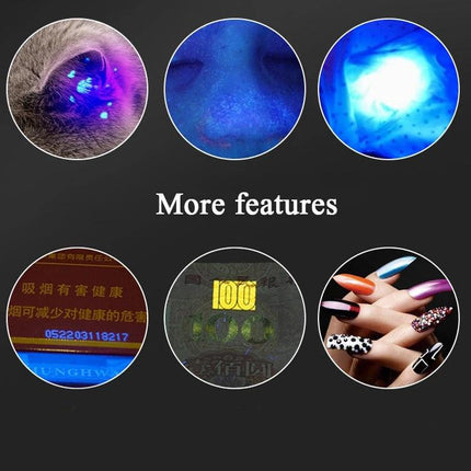 Compact Laser Tool for Cat Play and Home Detection Tasks showing UV spot detection on cat fur, skin and surfaces for play and inspection