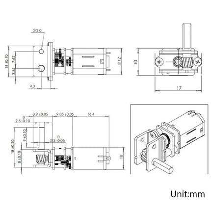 Low Speed Worm Gear Motor for DIY Robot and Smart Car Projects technical drawing with dimensions and side view (unit:mm)