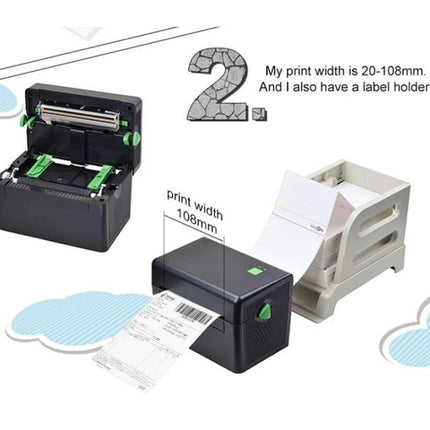 Efficient 4-Inch Thermal Label Printer for Shipping and Barcodes showing open mechanism, 108mm print width and automatic feed with label holder