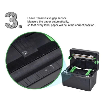 Efficient 4-Inch Thermal Label Printer for Shipping and Barcodes showing transmissive gap sensor and automatic paper measurement