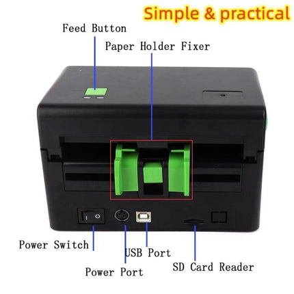 Efficient 4-Inch Thermal Label Printer for Shipping and Barcodes - black desktop label printer showing feed button, paper holder fixer, USB and SD ports
