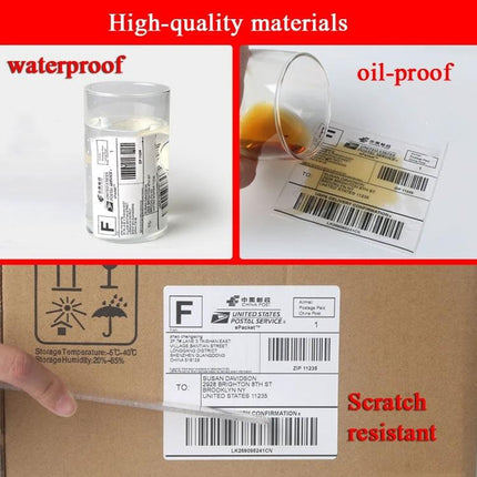 Thermal Self-Adhesive Shipping Label Paper in White Rolls showing waterproof oil-proof and scratch-resistant labels on a package