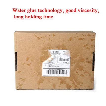 Thermal Self-Adhesive Shipping Label Paper in White Rolls on a corrugated box showing water-resistant adhesive holding a printed shipping label