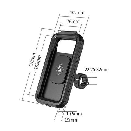 Kewig Waterproof Phone Box Bracket for Bikes Handlebar Installation - black waterproof phone mount with dimensions and adjustable clamp
