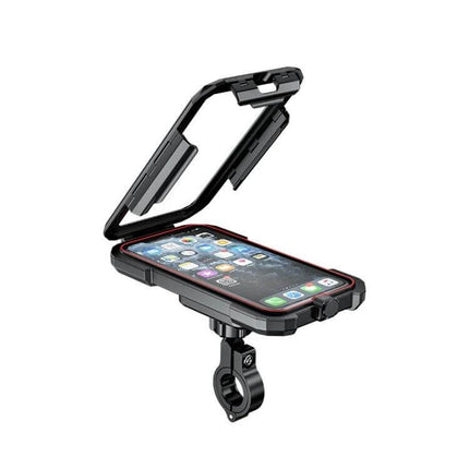 Kewig Waterproof Phone Box Bracket for Bikes Handlebar Installation showing waterproof enclosed case with touch-screen phone and handlebar mount