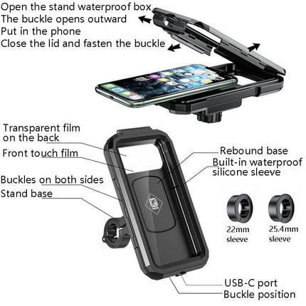 Kewig Waterproof Phone Box Bracket for Bikes Handlebar Installation showing open waterproof housing, rebound base, silicone seal and 22/25.4mm sleeves