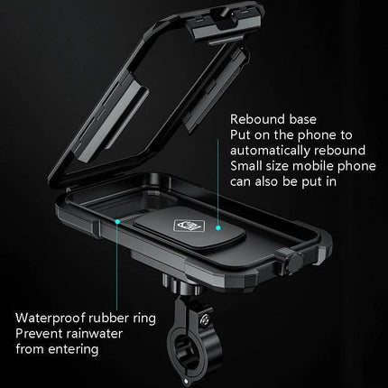 Kewig Waterproof Phone Box Bracket for Bikes Handlebar Installation showcasing waterproof sealed case, rebound base and handlebar mount for secure phone access