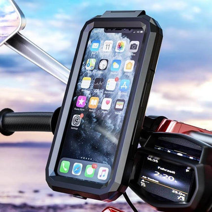 Kewig Waterproof Phone Box Bracket for Bikes Handlebar Installation mounted on bike handlebar showing touchscreen access and waterproof housing