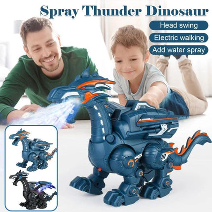 Electric Dinosaur Toy for Children's Everyday Play and Fun - boy playing with blue electric walking dinosaur that sprays mist and lights up