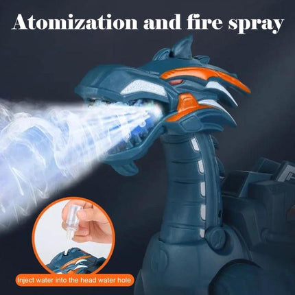Electric Dinosaur Toy for Children's Everyday Play and Fun showing atomizer mist effect and light-up sound-activated dragon head