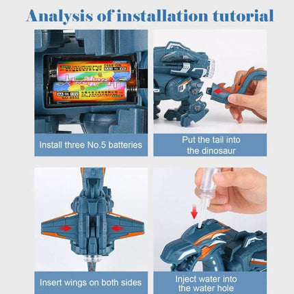 Electric Dinosaur Toy for Children's Everyday Play and Fun - installation steps showing battery compartment, tail attachment, wing insertion, and water atomizer filling