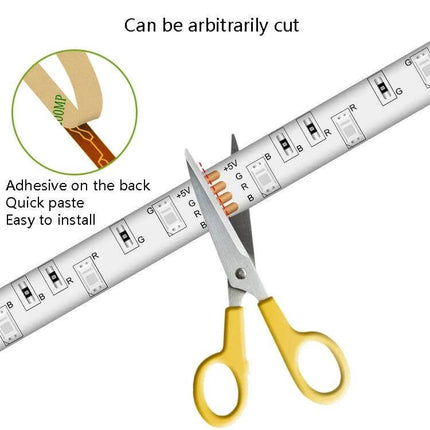 RGB USB Light Strip With Remote Control For Ambient Room Decor 5m - scissors cutting adhesive-backed, cut-to-fit USB 5V LED strip for easy installation