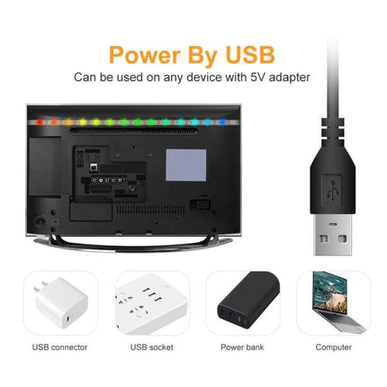 RGB USB Light Strip With Remote Control For Ambient Room Decor 5m - 5V powered LED strip behind TV with USB connector and remote for subtle backlighting