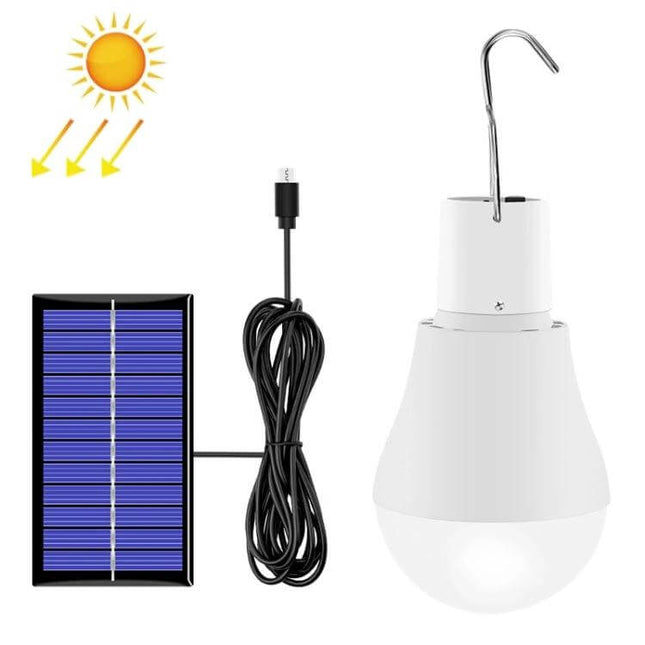 LED Solar Bulb USB Portable Lighting for Camping and Outdoors - 5W 6500K cool white lamp with solar panel, USB recharge, hook and 800mAh battery
