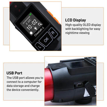Cheetah Portable Alcohol Tester with Built-in Flashlight for Breath Checks showing OLED LCD display, OK/R buttons and USB port