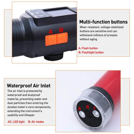 Cheetah Portable Alcohol Tester with Built-in Flashlight for Breath Checks showing multi-function buttons LED light and air inlet close-up
