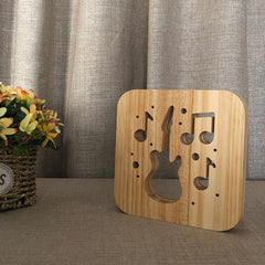 Guitar-Shaped Pine Wood LED Night Light Table Lamp with USB Power