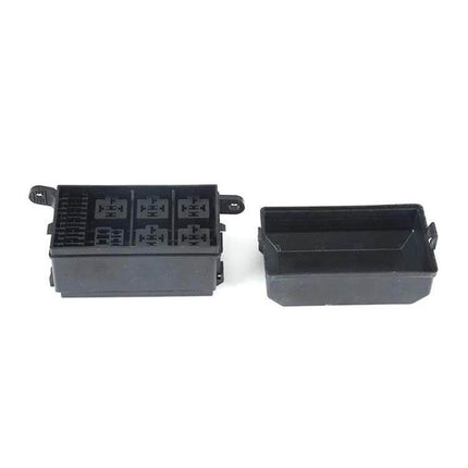 Car 6-Way Insurance Junction Box With Durable Nylon Shell shown open with 6-way insert layout for 48V car, yacht, RV wiring protection