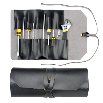 Leather Tool Bag Two Tone Black Brown For Wrenches – roll-up leather tool pouch with 10 wrench slots and pockets for screwdrivers and pliers