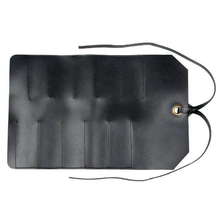 Leather Tool Bag Two Tone Black Brown For Wrenches - black leather wrap with 10 stitched tool slots and tie closure