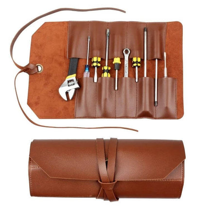 Leather Tool Bag Two Tone Black Brown For Wrenches with 10-slot roll organizer holding wrenches, screwdrivers, pliers in brown leather