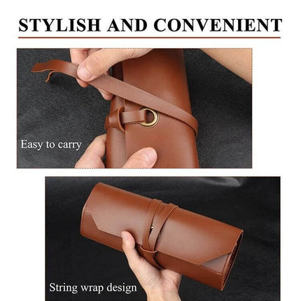 Leather Tool Bag Two Tone Black Brown For Wrenches - rolled brown leather tool roll with string wrap design, 10 slots for wrenches and hand tools, easy to carry
