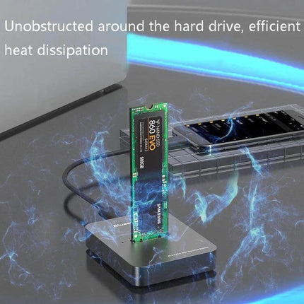 External SSD Enclosure for Laptop and Mobile Storage Use showing M.2 NVMe drive docked with Type-C cable and heat dissipation