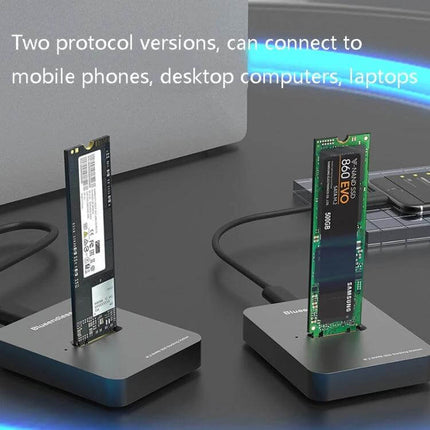 External SSD Enclosure for Laptop and Mobile Storage Use showing two M.2 drives connected via Type-C for portable backups and fast transfers