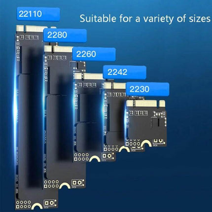 External SSD Enclosure for Laptop and Mobile Storage Use showing compatibility with M.2 sizes 22110 2280 2260 2242 2230
