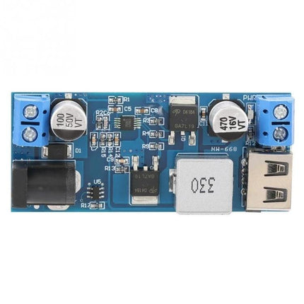 5V USB Power Converter for 12V and 24V Systems and Devices on blue PCB with USB port and adjustable step-down components