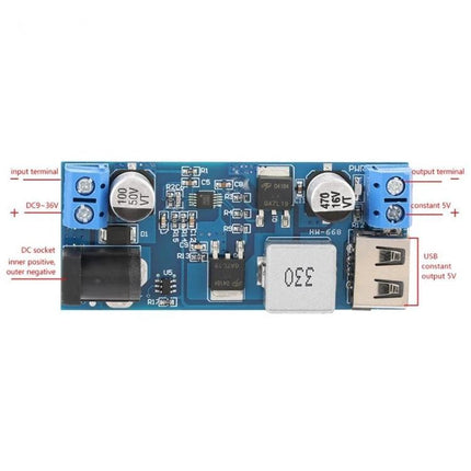 5V USB Power Converter for 12V and 24V Systems and Devices compact DC-DC step-down board with USB port for car, solar and DIY charging