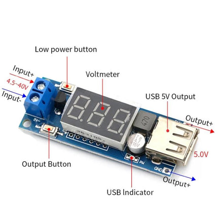 Dual Function Car Voltmeter with USB Charging for Vehicles compact voltmeter module with USB 5V output and labeled input/output terminals