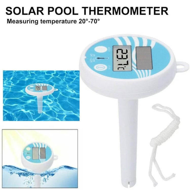 Solar Pool Thermometer Floating With Digital Display showing LCD temperature readout floating on pool surface, solar-powered waterproof sensor and tether