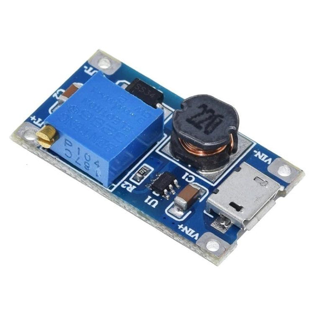 HW-183 Adjustable Voltage Booster for Devices and Charging - compact blue DC-DC boost module with microUSB input, adjustable potentiometer and inductor