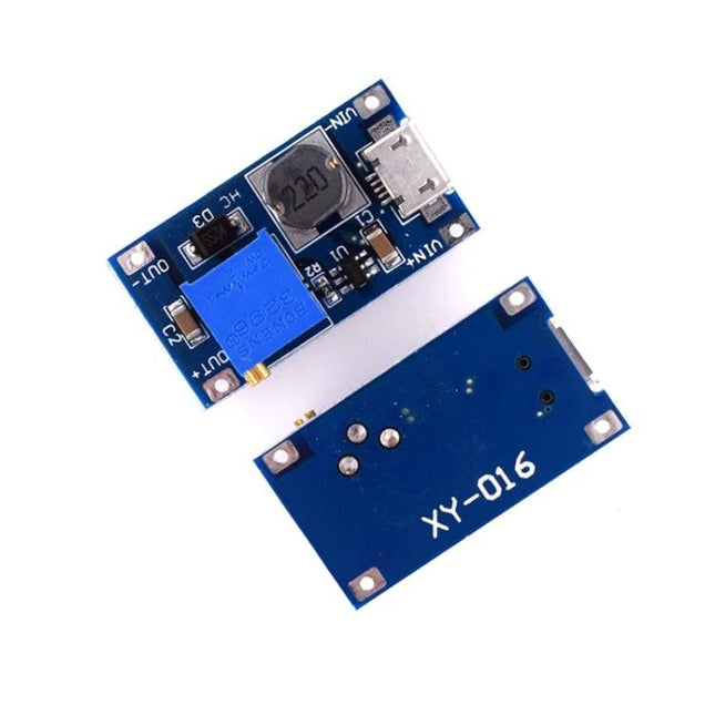 HW-183 Adjustable Voltage Booster for Devices and Charging - compact blue DC-DC boost module with MicroUSB input, adjustable potentiometer and 9V/12V/24V output