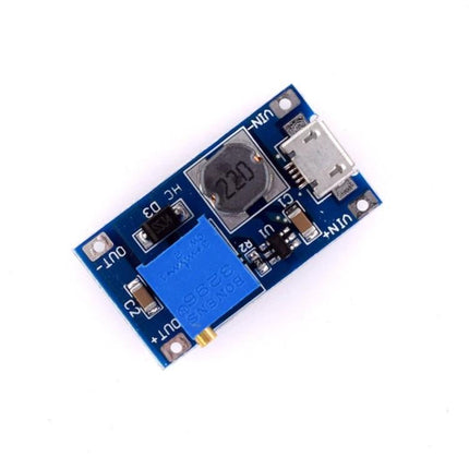 HW-183 Adjustable Voltage Booster for Devices and Charging - blue DC-DC boost module with microUSB input, adjustable potentiometer, inductor and output pads